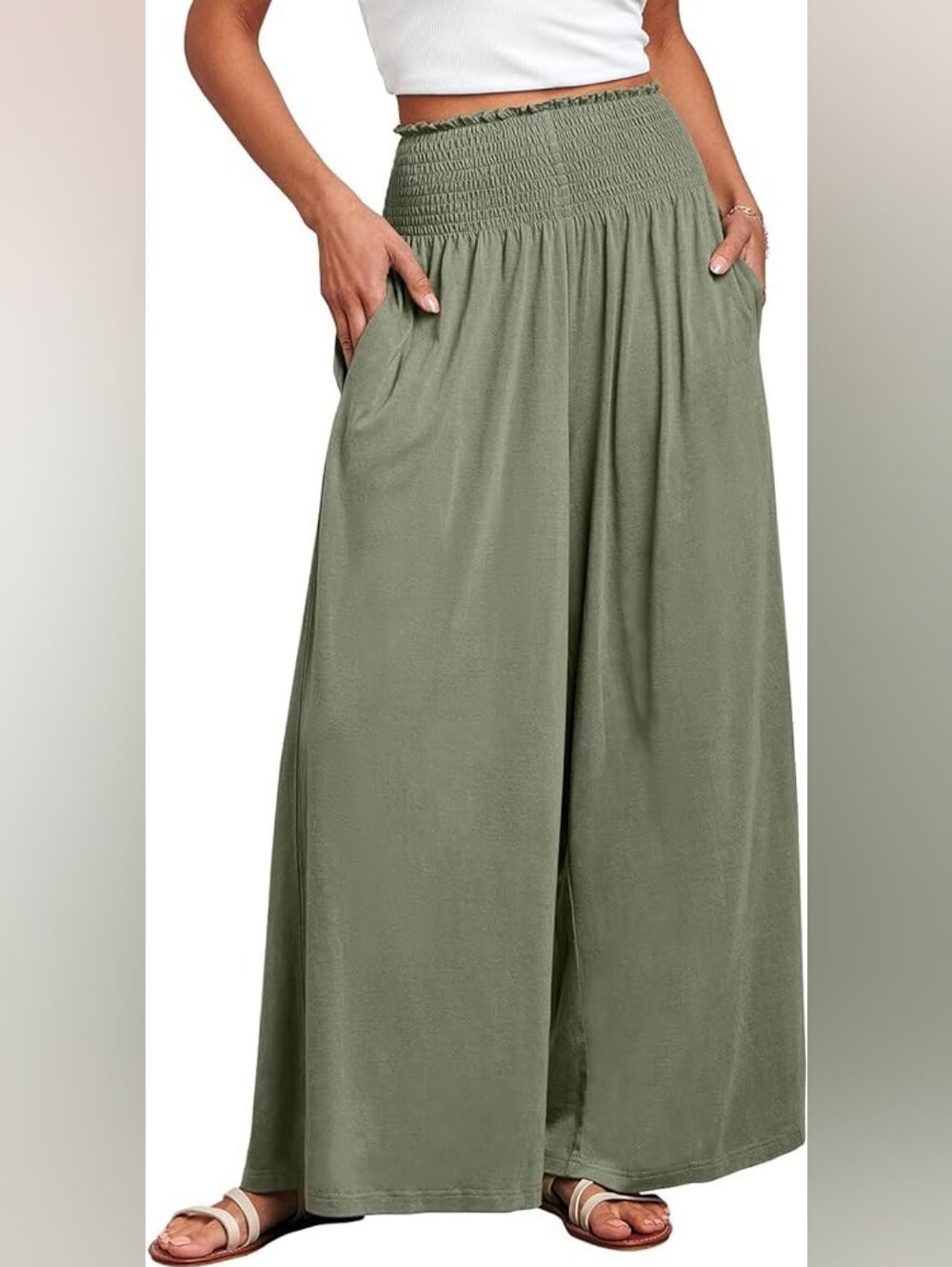Womens High Waist Wide Leg Olive Green Palazzo Boho Stretch Casual Comfy Pant, S